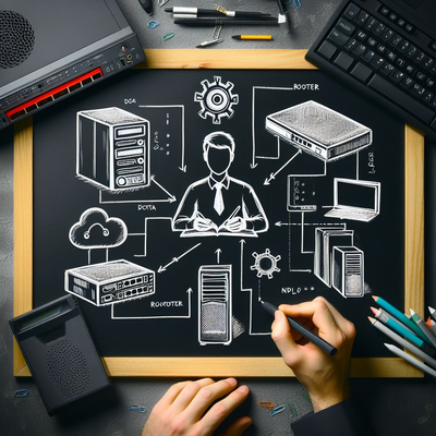 create a man wirting on a board. He's drawing a computer network. There network equipments ne (1).png