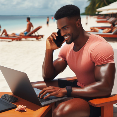 a network engineer sitting at the beach using his laptop to work from home. He seems relaxing.png
