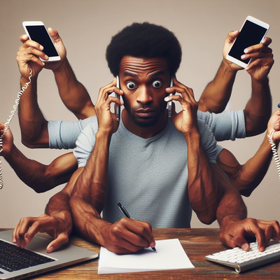 create a man with multiple arms, trying to answer call on two phones, trying to write on a co.png